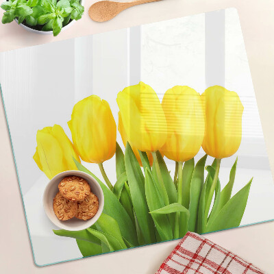 Szklana deska do krojenia Żółte tulipany na zielonym tle