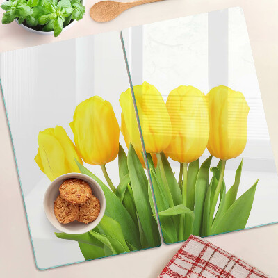Szklana deska do krojenia Żółte tulipany na zielonym tle