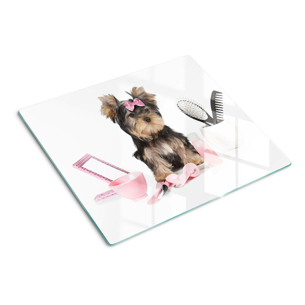 Szklana deska kuchenna Yorkshire Terrier z akcesoriami groomerskimi