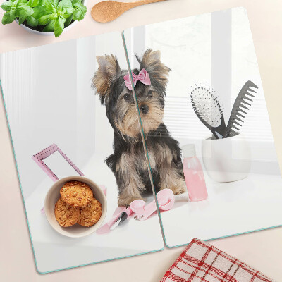 Szklana deska kuchenna Yorkshire Terrier z akcesoriami groomerskimi