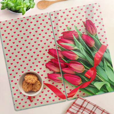 Szklana deska kuchenna Tulipany z serduszkami i wstążką