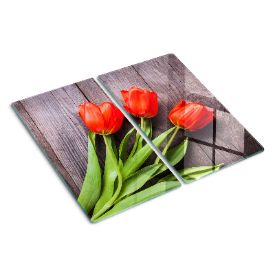 Szklana deska kuchenna Tulipany na drewnianym tle