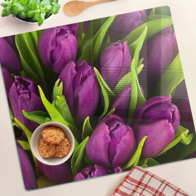 Deska kuchenna szklana Fioletowe tulipany z zielonymi liśćmi