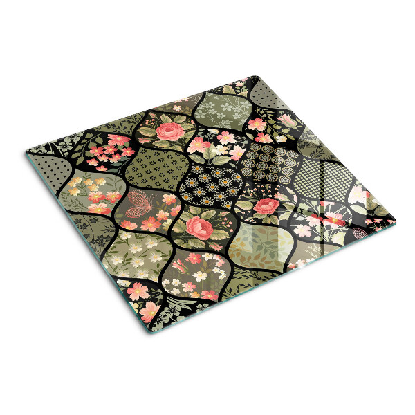 Deska kuchenna szklana Kwiatowy patchwork z geometrycznymi wzorami