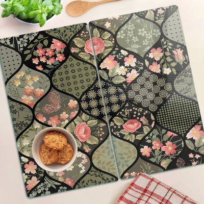 Deska kuchenna szklana Kwiatowy patchwork z geometrycznymi wzorami