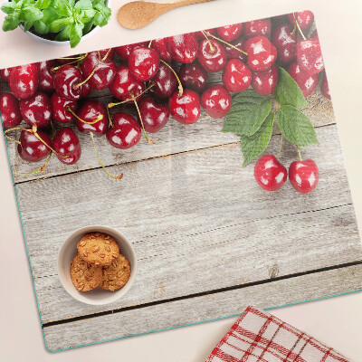 Szklana deska kuchenna Wiśnie na drewnianym tle
