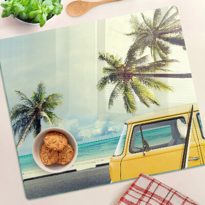 Szklana deska kuchenna Plaża z palmami i samochodem