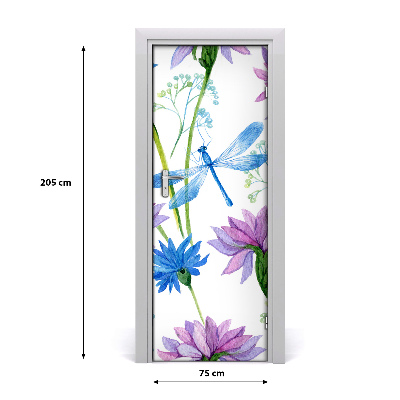 Okleina samoprzylepna na drzwi Kwiaty i ważki
