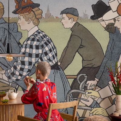 Nowoczesna fototapeta do salonu z motywem rowerzystów w stylu vintage