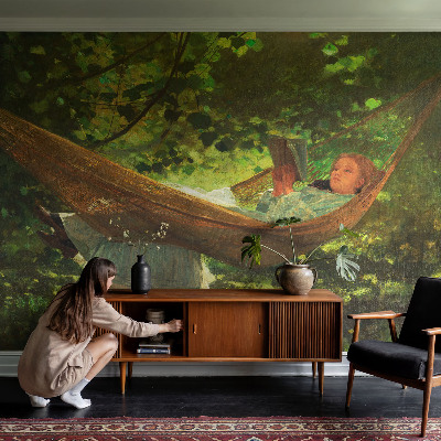 Nowoczesna fototapeta do salonu z motywem relaksu w hamaku