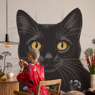 Tapeta fotograficzna samoprzylepna z motywem kwiatów i ilustracją kota