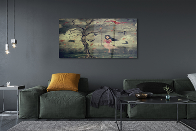 Obraz akrylowy Drzewo ptaki dziewczynka chmury skały