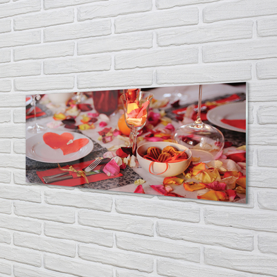 Obraz akrylowy Serca płatki róż kolacja kieliszki