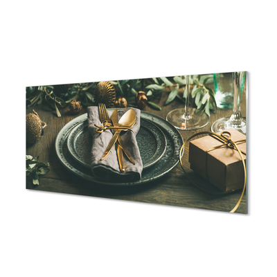 Obraz akrylowy Talerz sztućce bombki prezenty