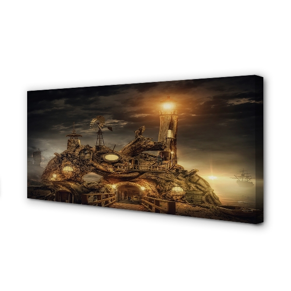 Obraz na płótnie Latarnia Morska i Statek w Chmurach