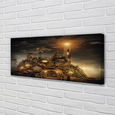 Obraz na płótnie Latarnia Morska i Statek w Chmurach