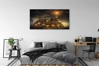 Obraz na płótnie Latarnia Morska i Statek w Chmurach