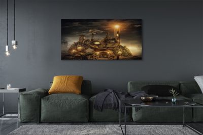 Obraz na płótnie Latarnia Morska i Statek w Chmurach