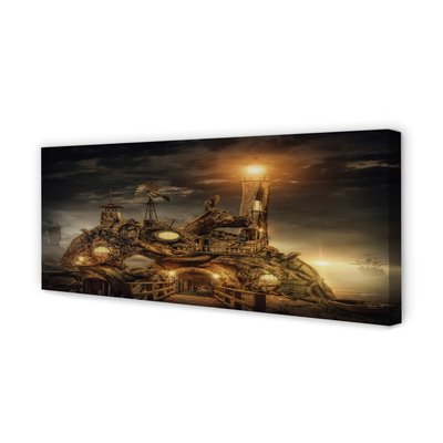 Obraz na płótnie Latarnia Morska i Statek w Chmurach