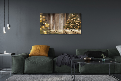 Obraz drukowany na płótnie Deski, Choinka i Lampki