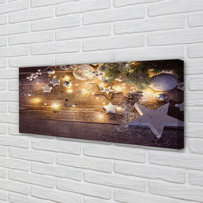 Obraz drukowany na płótnie Świąteczna Kompozycja: Bombki, Szyszki i Lampki