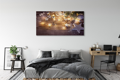 Obraz drukowany na płótnie Świąteczna Kompozycja: Bombki, Szyszki i Lampki