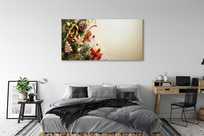 Obraz na płótnie Świąteczny Stół: Gałązki, Prezenty, Szyszki i Pierniki