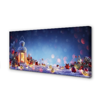 Obraz na płótnie Lampion, Śnieg, Gałązki i Bombki