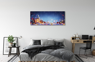 Obraz na płótnie Lampion, Śnieg, Gałązki i Bombki