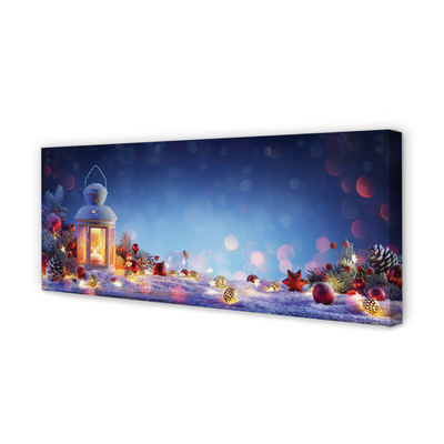 Obraz na płótnie Lampion, Śnieg, Gałązki i Bombki