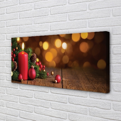 Obraz na płótnie Świeca, Gałązki i Bombki na Desce