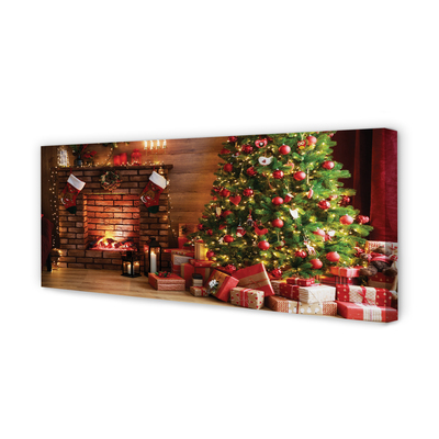 Fotoobraz na płótnie Kominek, Choinka, Prezenty i Lampki