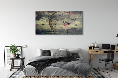 Obraz na szkle Drzewo ptaki dziewczynka chmury skały
