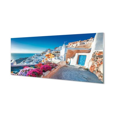 Obraz na szkle Grecja Budynki morze kwiaty