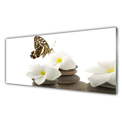 Obraz Szklany Motyl Kwiat Kamienie Roślina