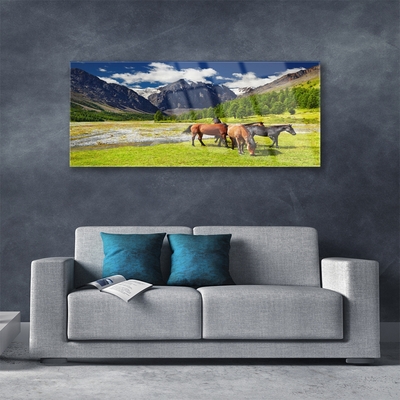 Obraz Szklany Góry Drzewa Konie Zwierzęta
