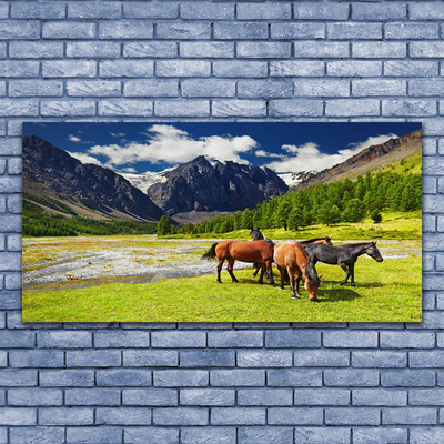 Obraz Szklany Góry Drzewa Konie Zwierzęta