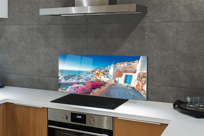 Szkło do Kuchni na Ścianę Biała Architektura i Kwiaty Grecji