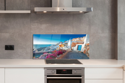 Szkło do Kuchni na Ścianę Biała Architektura i Kwiaty Grecji