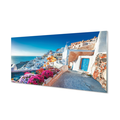 Panel Szklany Grecja Budynki morze kwiaty