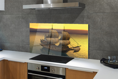 Szkło do Kuchni na Ścianę Statek o Złotym Poranku