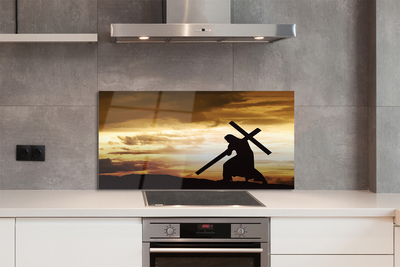 Szkło Ozdobne do Kuchni Jezus na Krzyżu o Zachodzie Słońca