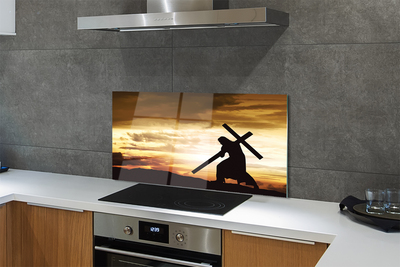 Szkło Ozdobne do Kuchni Jezus na Krzyżu o Zachodzie Słońca