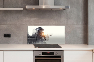 Szkło do Kuchni na Ścianę Postać na tle Panoramy Miasta