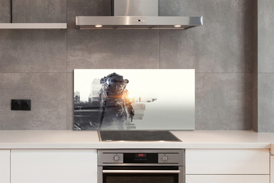 Szkło do Kuchni na Ścianę Postać na tle Panoramy Miasta