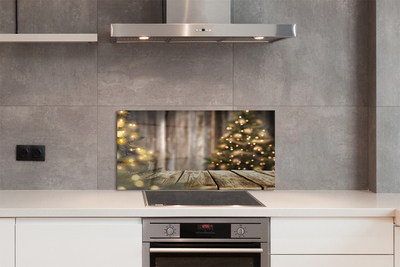 Szklany Panel Choinka i Lampki na Drewnie