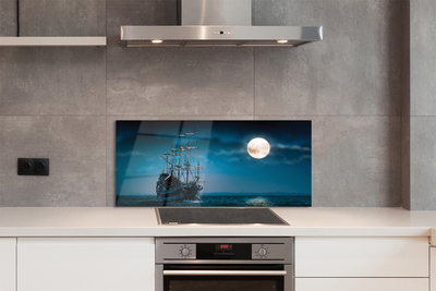 Szkło do Kuchni na Ścianę Statek nad Morzem w Blasku Księżyca