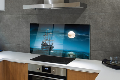 Szkło do Kuchni na Ścianę Statek nad Morzem w Blasku Księżyca