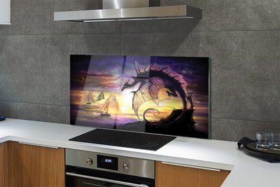 Szkło Ozdobne do Kuchni Smok i Statki na Wzburzonym Morzu