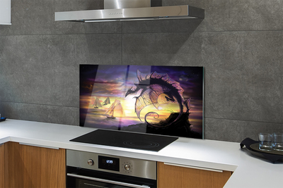 Szkło Ozdobne do Kuchni Smok i Statki na Wzburzonym Morzu